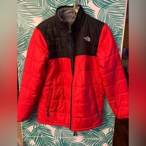 The North Face Boys reversible Jacket red/ gray fur sz L 14/16